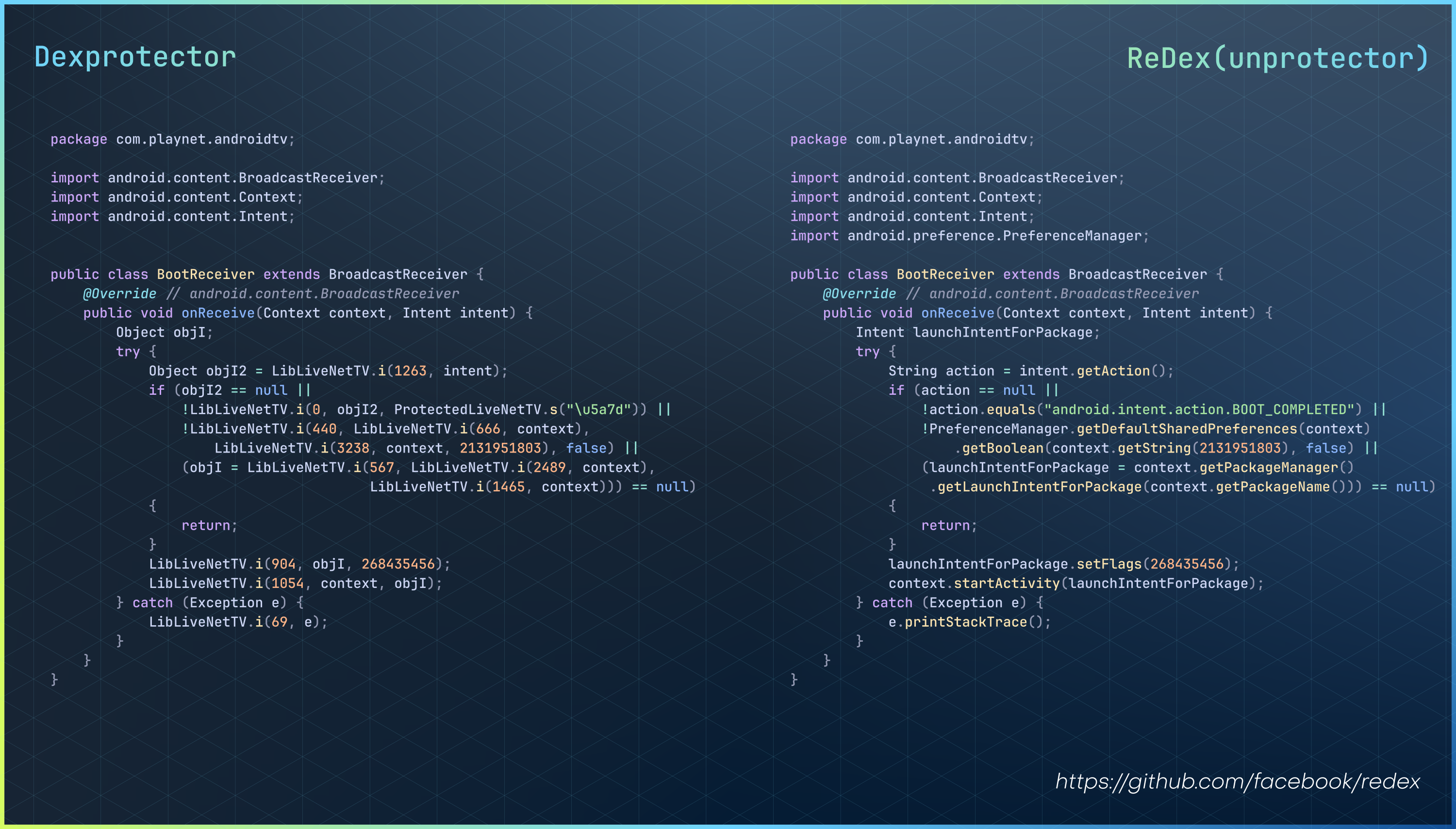 Protected DexProtector wrapper code beside the Redex-deobfuscated implementation.