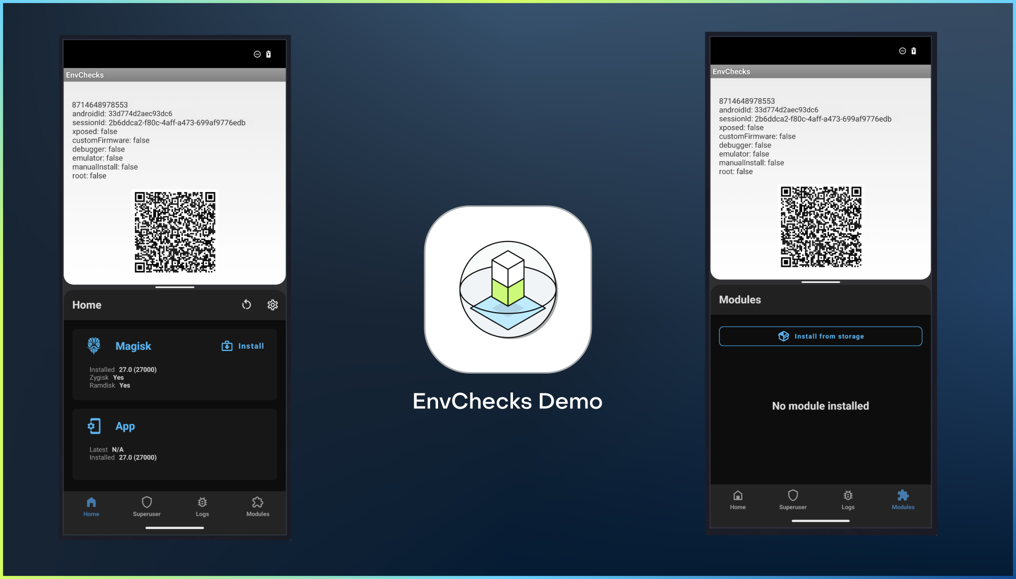 EnvChecks reports all RASP flags false on a Magisk-rooted device with no bypass module installed.