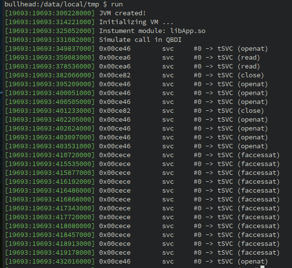 QBDI syscall trace resolving ARM SVC instructions to syscall names.